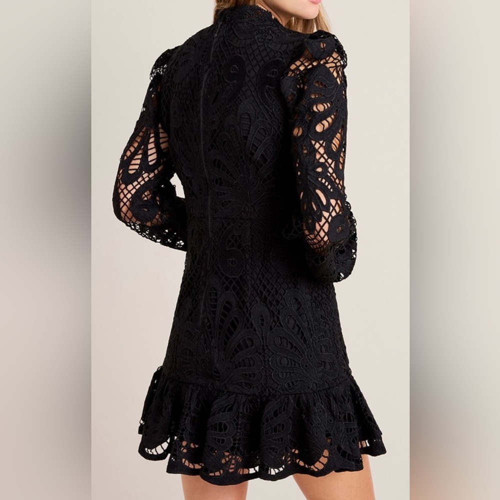 Black Lace Long-Sleeve Ruffle Hem Dress Small 042665